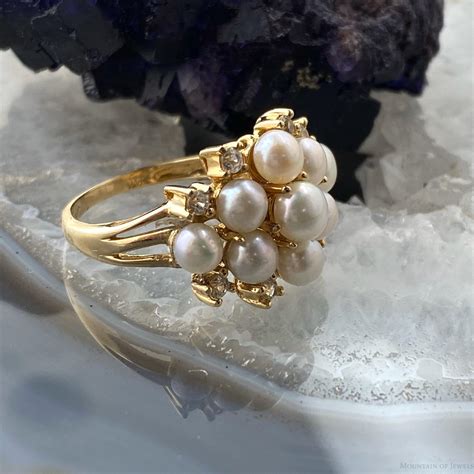 14k Yellow Gold Cluster Pearls And Diamonds Ring Size 725 For Women Ebay