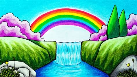 Cartoon Scenery Drawing ~ How To Draw Rainbow Over Waterfall Scenery