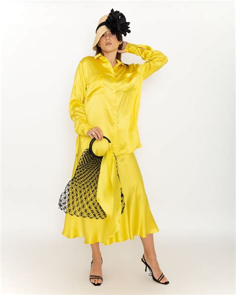 luxurious 100 silk satin suit set in yellow color silk outfit set chic silk satin yellow midi