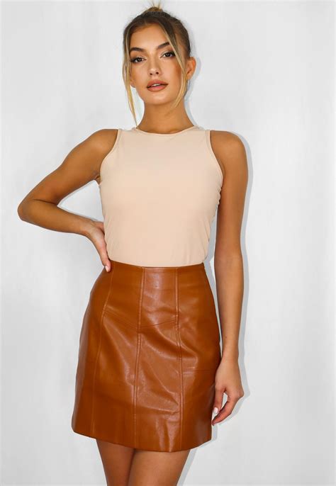 Tan Faux Leather Panel Detail Mini Skirt Missguided