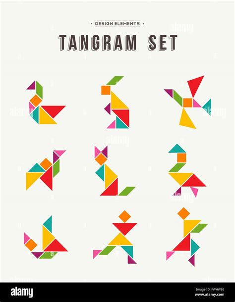 Colorful Set Of Tangram Game Icons Made With Geometry Shapes In