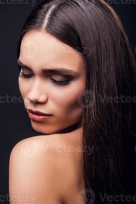 Natural Beauty Beautiful Young Shirtless Woman Keeping Eyes Closed While Standing Against Black