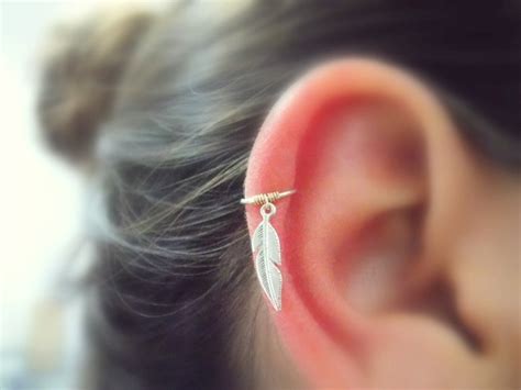 Feather Cartilage Hoop Earring Feather Piercing Gold Etsy Canada
