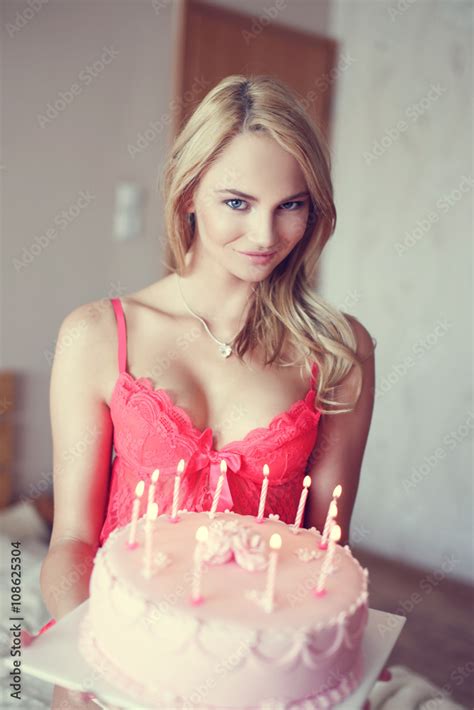 Sexy Blonde Woman Holding Birthday Cake In Underwear Stock Foto Adobe Stock