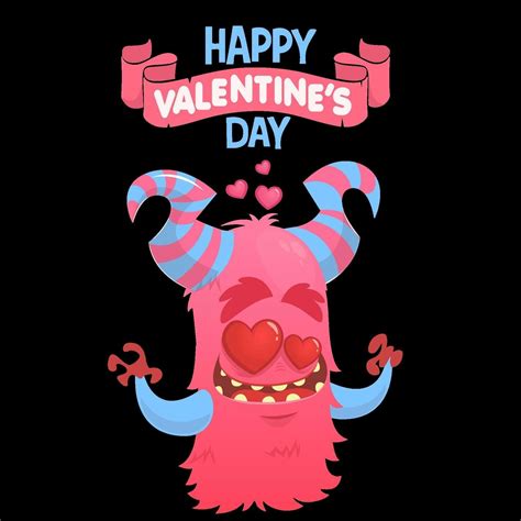 Cartoon Pink Horned Monster In Love Saint Valentine Monster Vector Illustration Of Loving