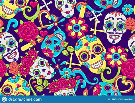 Day Of The Dead Seamless Pattern Sugar Skulls With Floral Ornament