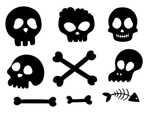 Set Of Vector Black And White Skulls And Bones Halloween Party Human