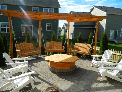 Glass panel fire pit plan. Apple Valley Fire pit with pergola swings | Devine Design ...