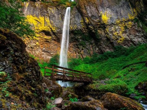 4k Oregon Elowah Falls Usa Waterfalls Bridges Crag Moss Hd