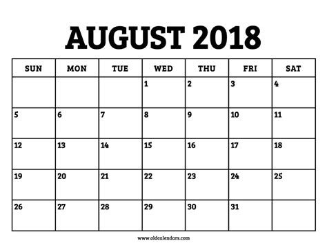 Calendar August 2018 Printable Old Calendars