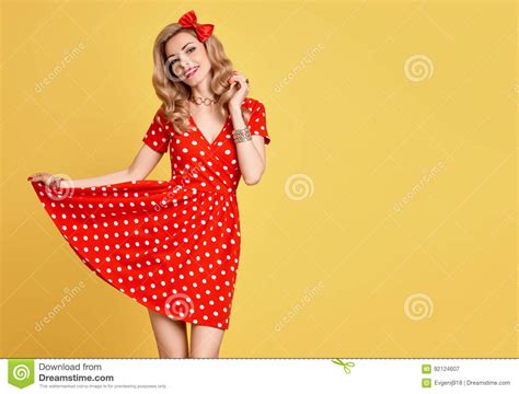 fashion beauty pinup girl smiling polka dots dress stock image image of beauty luxury 92124607