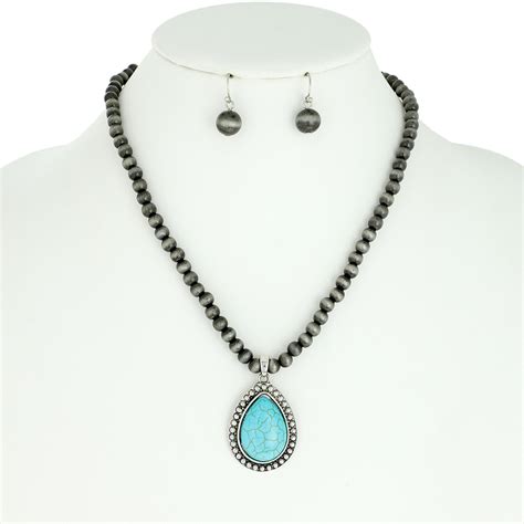 N4725 SBTQ TEARDROP WESTERN STYLE TURQUOISE PENDANT NAVAJO NECKLACE AND