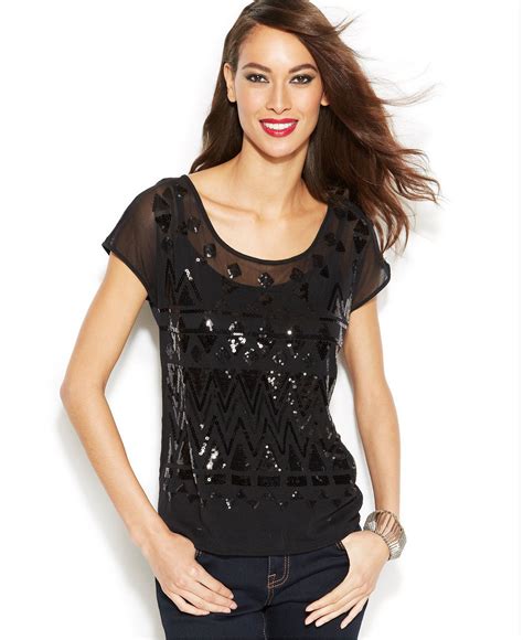 Inc International Concepts Cap Sleeve Illusion Sequined Top Tops