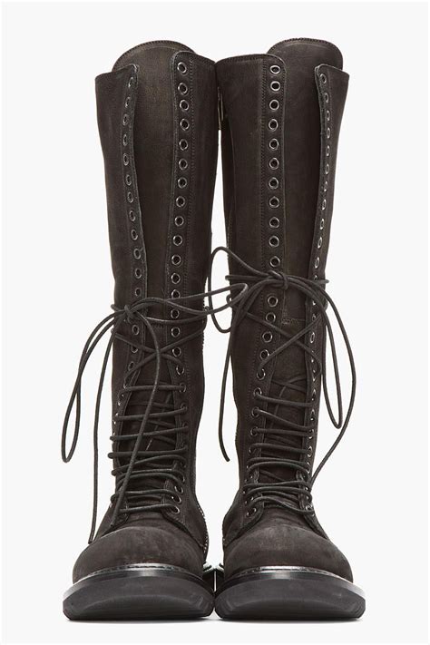 black nubuck and leather knee high lace up combat boots on wantering lace up combat boots boots