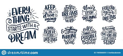 Set With Inspirational Quotes About Dream Hand Drawn Vintage