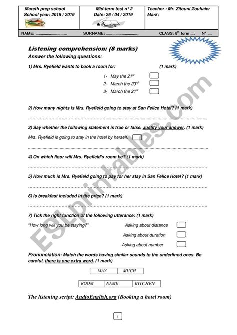 Mid Term Test N° 2 8th Form Esl Worksheet By Alwayshope