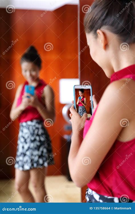 Woman Taking Selfie In Home Mirror Stock Photo Image Of Fitting