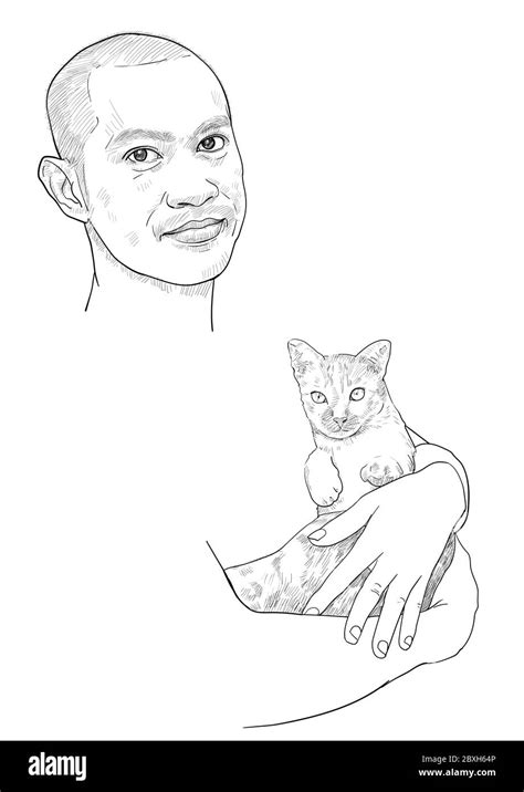 Dibujo De Un Retrato Divertido De Un Hombre Asiático Llevar Lindo Gato Sobre Fondo Blanco Amor