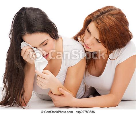 Friendship And Happy People Concept One Teenage Girl Comforting