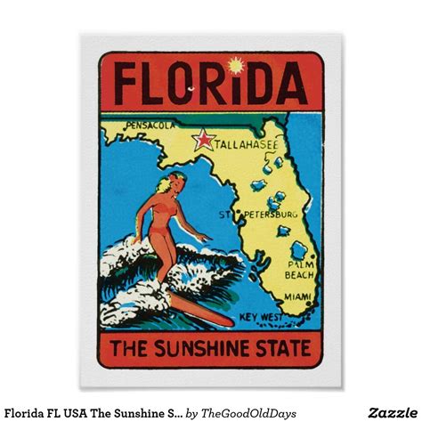 Florida Fl Usa The Sunshine State Vintage Surfer Poster Zazzle