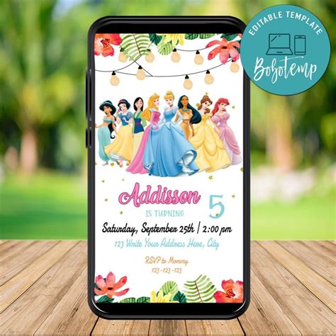 Mobile Disney Princess Birthday Evite Invitation For Girl Diy Bobotemp