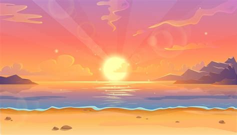 Ilustración de dibujos animados del paisaje del océano en la puesta del