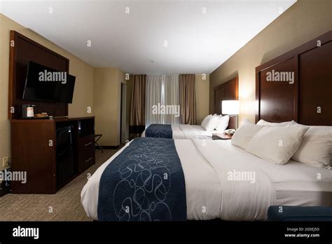 Interior Of Generic Hotel Room Two Queen Bed Room Stock Photo Alamy