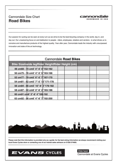 Cannondale Road Bikes Size Chart Printable Pdf Download