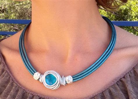 Turquoise Necklace Leather Necklace Choker Necklace Green Turquoise