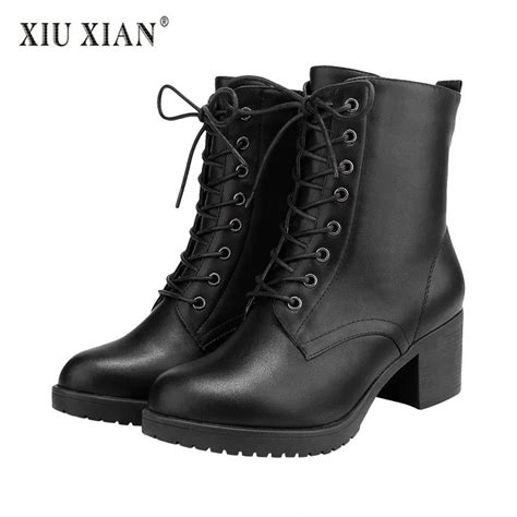 pu leather warm plush women winter martin boots thick high heel non slip comfortable casual
