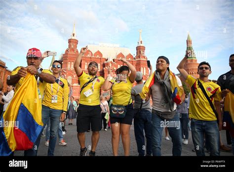 moscow russia 2nd july 2018 colombian fans dance and sing in the moscow kremlin square