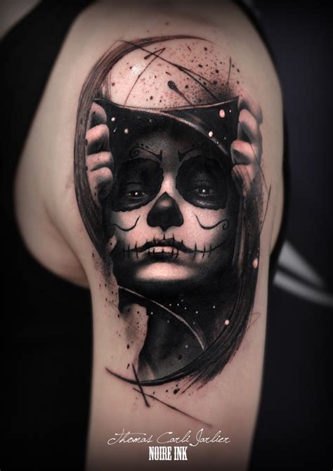 Mexican Traditional Style Black Ink Shoulder Tattoo Of Woman Face Tattooimagesbiz