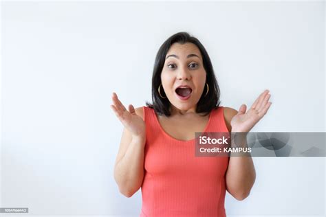Surprised Attractive Caucasian Woman Spreading Hands With Open Mouth Pretty Middle Aged Woman