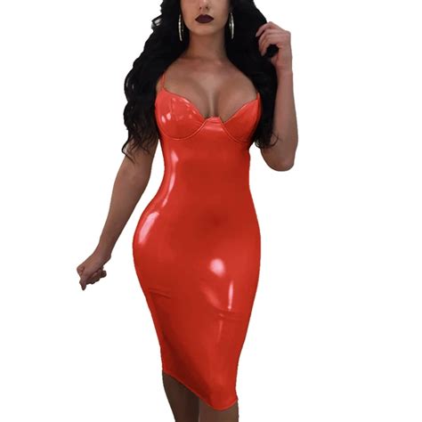 Women Sexy Shiny Leather Bodycon Dress Slip V Neck Night Clubwear