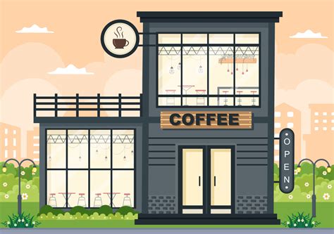 Coffee Shop Illustration With Open Board Tree And Building Store