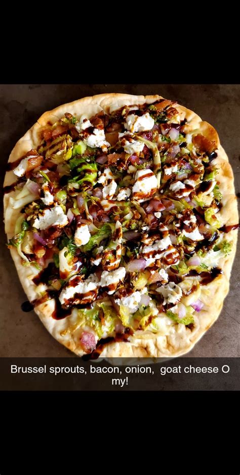 Homemade Brussel Sprouts Bacon Goat Cheese Onions And Balsamic Glaze