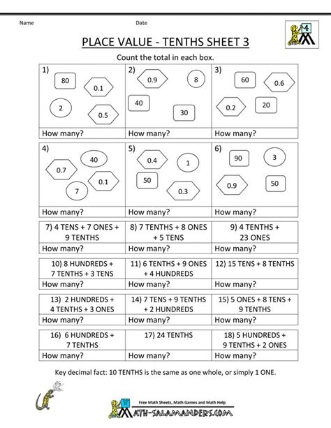 All problems contain whole numbers or decimals with a tenths place only. free math place value worksheets tenths 3 | Place value ...