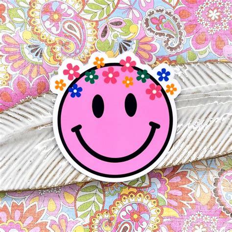 Hippie Smiley Face With Flowers Sticker 3 Waterproof Etsy