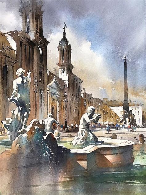 Piazza Navona Rome Italy Watercolor Paintings Indoors And Outdoors By