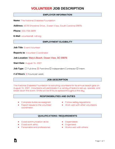 Free Volunteer Job Description Template Sample Pdf Word Eforms