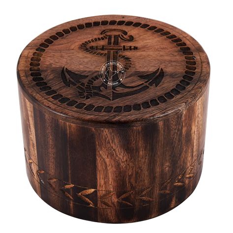 Hind Handicrafts Round Wooden Engraved Urns For Human Ashes Adult