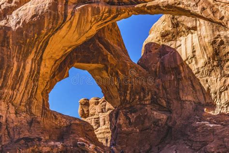 Double Arch Rock Canyon Arches National Park Moab Utah Stock Image