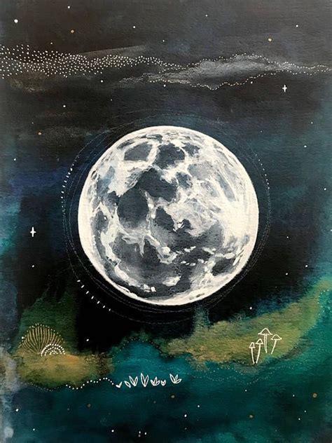 Full Moon Original Mixed Media Painting Watercolor Free Etsy Mixed