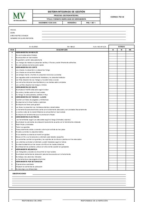 Formato De Inspeccion Herramienta Equipos Perforar He