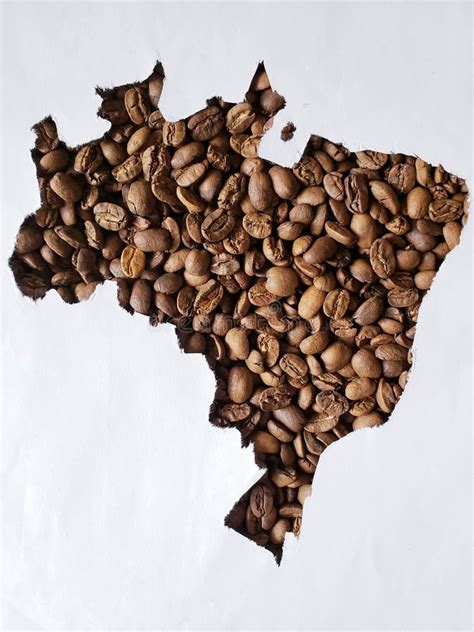 Map Of Brazil With Roasted Coffee Beans And White Background Stock