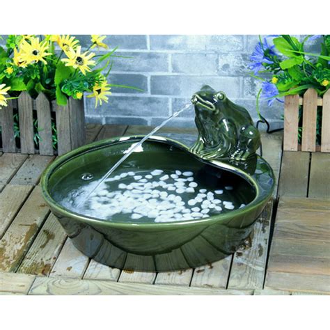 Green Glazed Ceramic Frog Solar Powered Outdoor Water Fountain Daytime