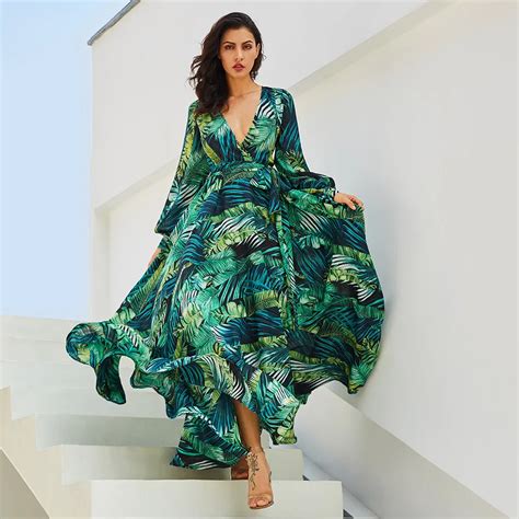 Boho Maxi Dress Chic Tropical Flower Print Loose Plus Size Green Purple Long Sleeve V Neck Women