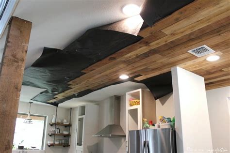 Prep work from the electricians. DIY Reclaimed Wood Ceiling (so cheap, so pretty ...