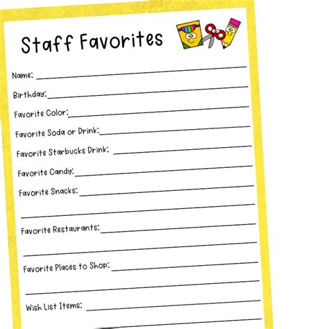 Printable Employee Favorite Things List