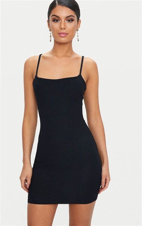 Black Strappy Straight Neck Bodycon Dress Tight Fitted Dresses